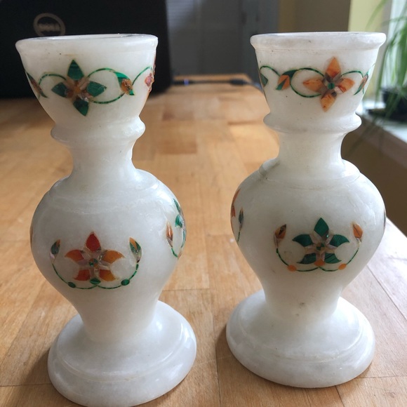 Like-New White Marble Ornate Candle Holders - Picture 2 of 5